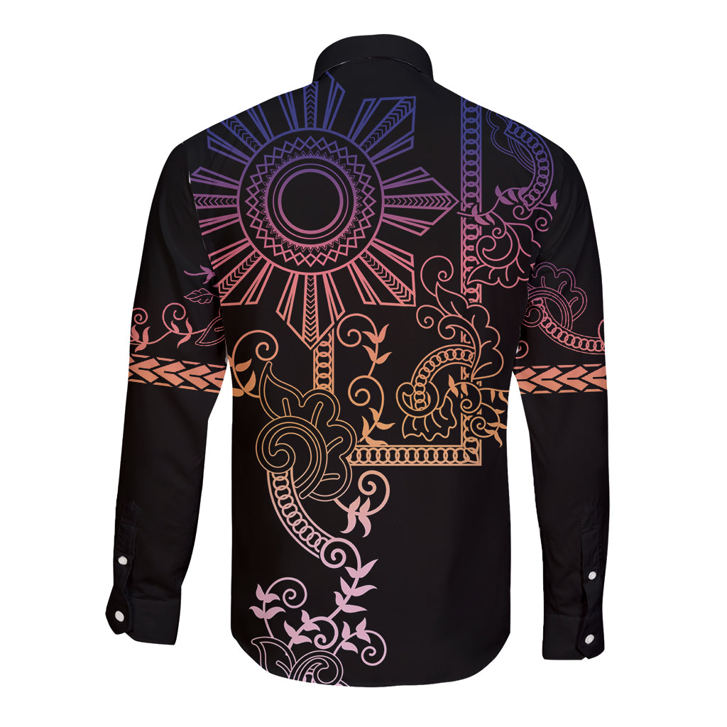 Filipino Sun Tribal Tattoo Long Sleeve Button Shirt Philippines Inspired Barong Pink Art LT9 - Polynesian Pride