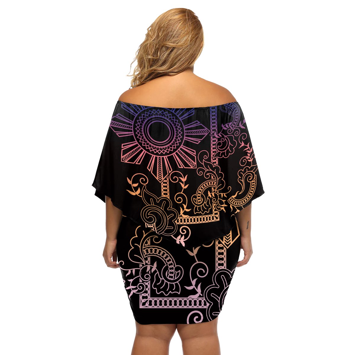 Filipino Sun Tribal Tattoo Off Shoulder Short Dress Philippines Inspired Barong Pink Art LT9 - Polynesian Pride