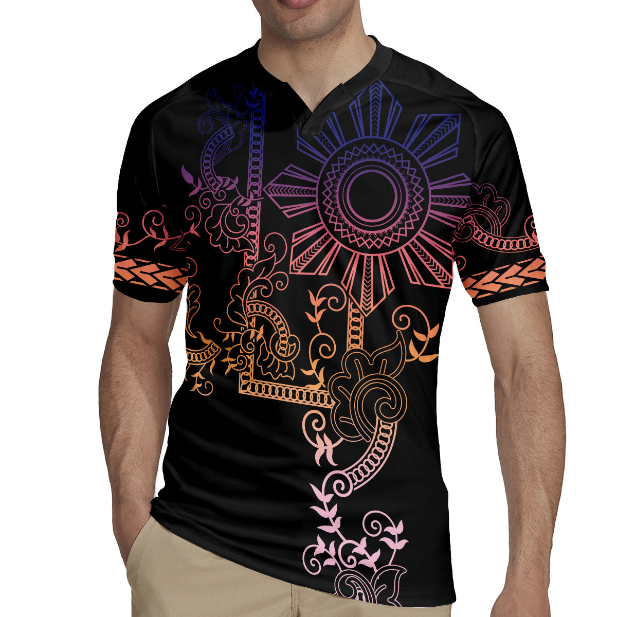 Filipino Sun Tribal Tattoo Rugby Jersey Philippines Inspired Barong Pink Art LT9 - Polynesian Pride