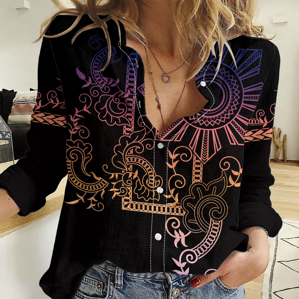 Filipino Sun Tribal Tattoo Women Casual Shirt Philippines Inspired Barong Pink Art LT9 Female Pink - Polynesian Pride