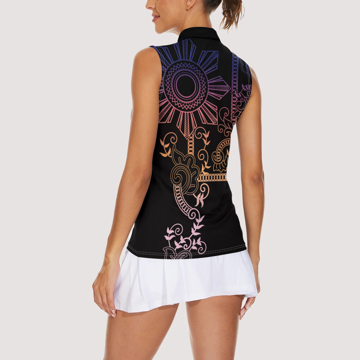 Filipino Sun Tribal Tattoo Women Sleeveless Polo Shirt Philippines Inspired Barong Pink Art LT9 - Polynesian Pride