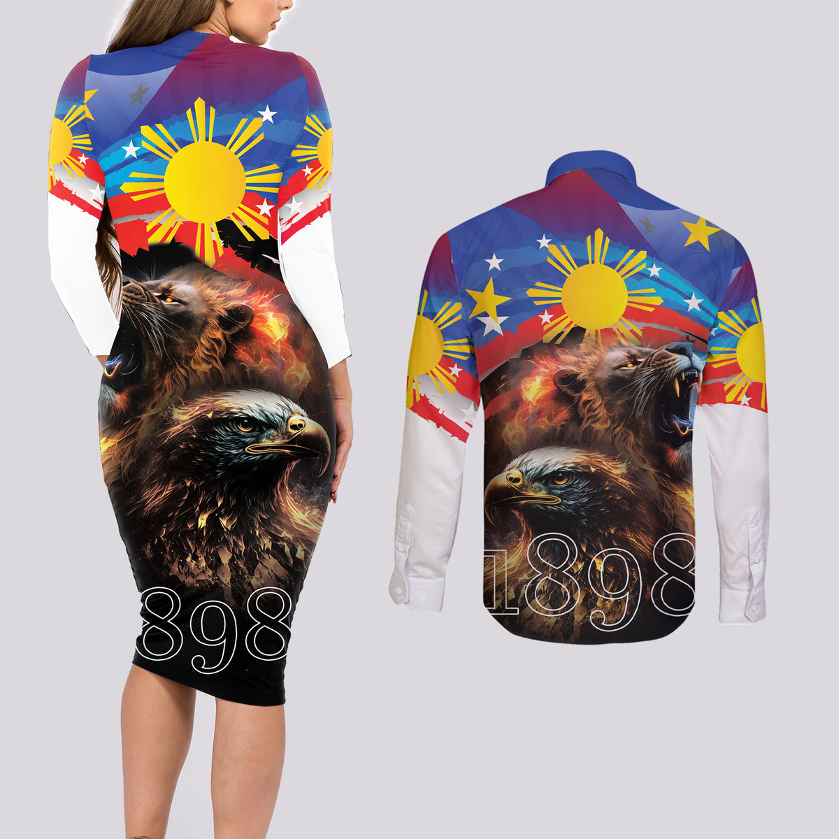 Philippines Lion and Eagle 1898 Couples Matching Long Sleeve Bodycon Dress and Long Sleeve Button Shirt Pilipinas Maligayang Araw ng Kalayaan LT9 - Polynesian Pride