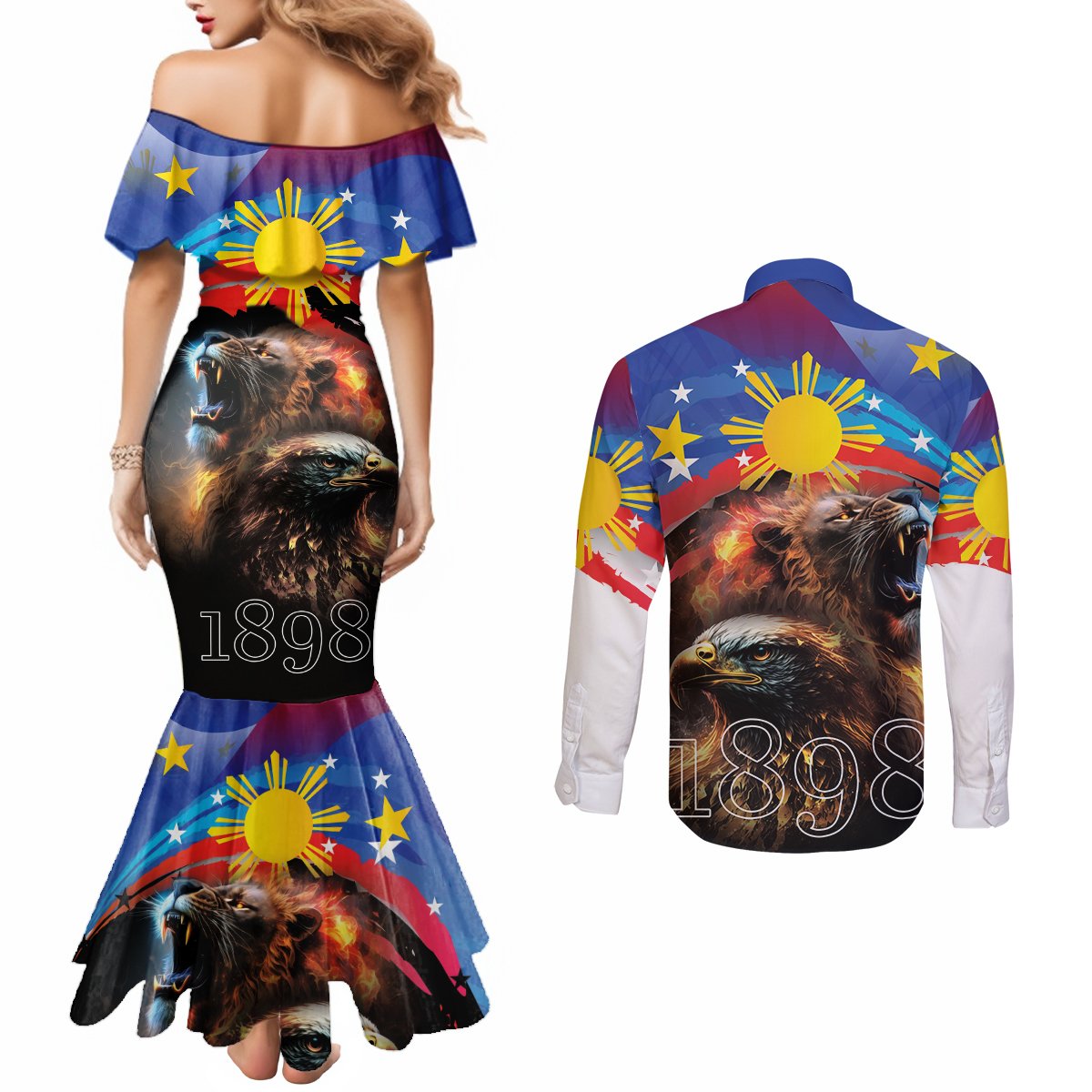 Philippines Lion and Eagle 1898 Couples Matching Mermaid Dress and Long Sleeve Button Shirt Pilipinas Maligayang Araw ng Kalayaan LT9 - Polynesian Pride