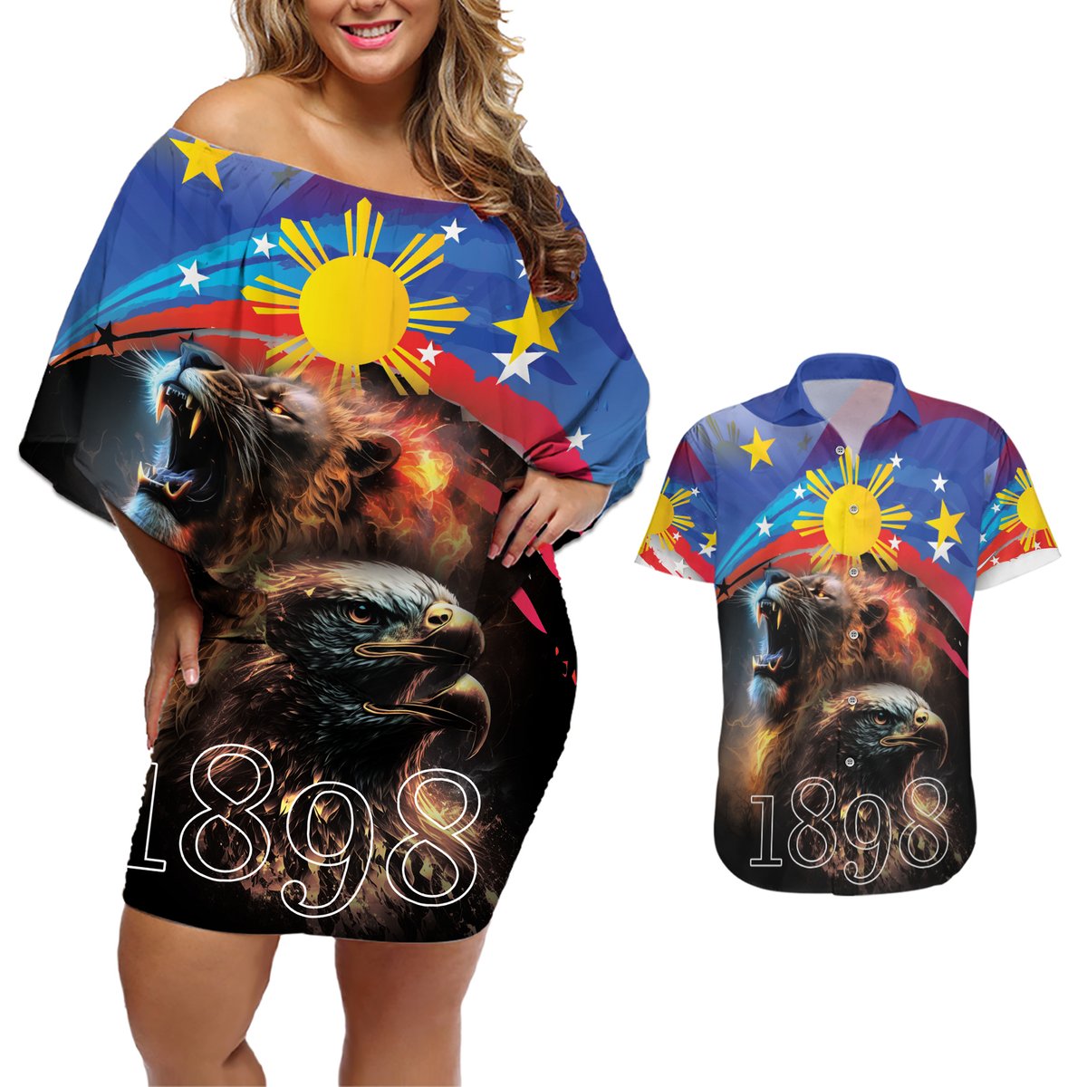 Philippines Lion and Eagle 1898 Couples Matching Off Shoulder Short Dress and Hawaiian Shirt Pilipinas Maligayang Araw ng Kalayaan LT9 Black - Polynesian Pride