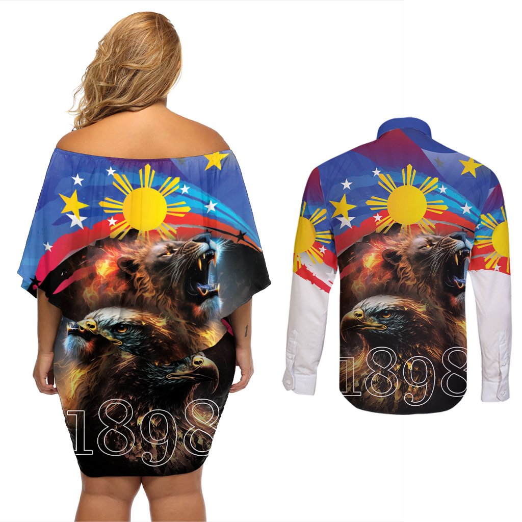 Philippines Lion and Eagle 1898 Couples Matching Off Shoulder Short Dress and Long Sleeve Button Shirt Pilipinas Maligayang Araw ng Kalayaan LT9 - Polynesian Pride