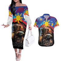 Philippines Lion and Eagle 1898 Couples Matching Off The Shoulder Long Sleeve Dress and Hawaiian Shirt Pilipinas Maligayang Araw ng Kalayaan LT9 Black - Polynesian Pride
