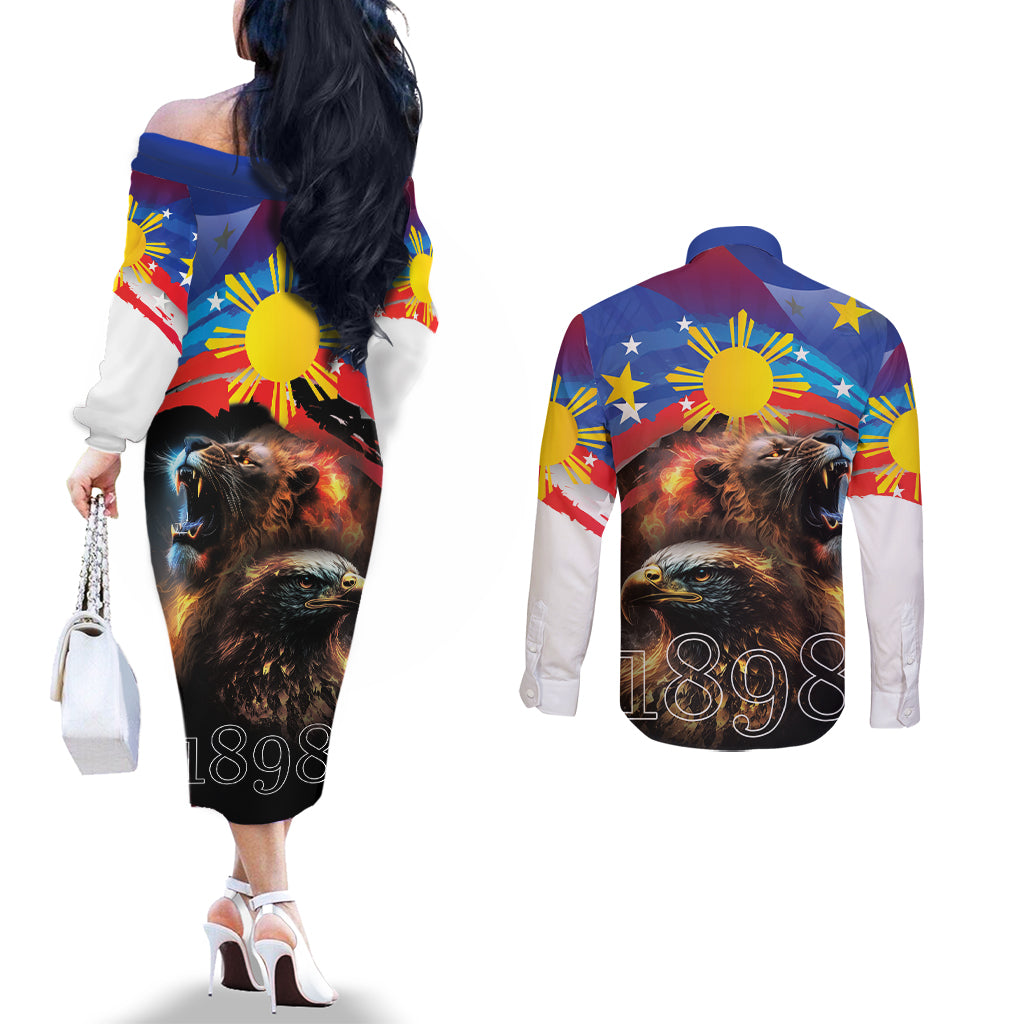 Philippines Lion and Eagle 1898 Couples Matching Off The Shoulder Long Sleeve Dress and Long Sleeve Button Shirt Pilipinas Maligayang Araw ng Kalayaan LT9 - Polynesian Pride