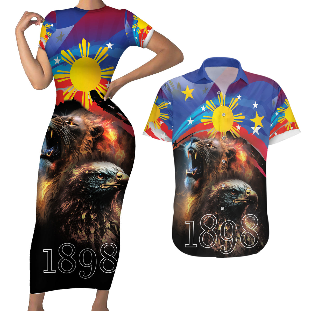 Philippines Lion and Eagle 1898 Couples Matching Short Sleeve Bodycon Dress and Hawaiian Shirt Pilipinas Maligayang Araw ng Kalayaan LT9 Black - Polynesian Pride