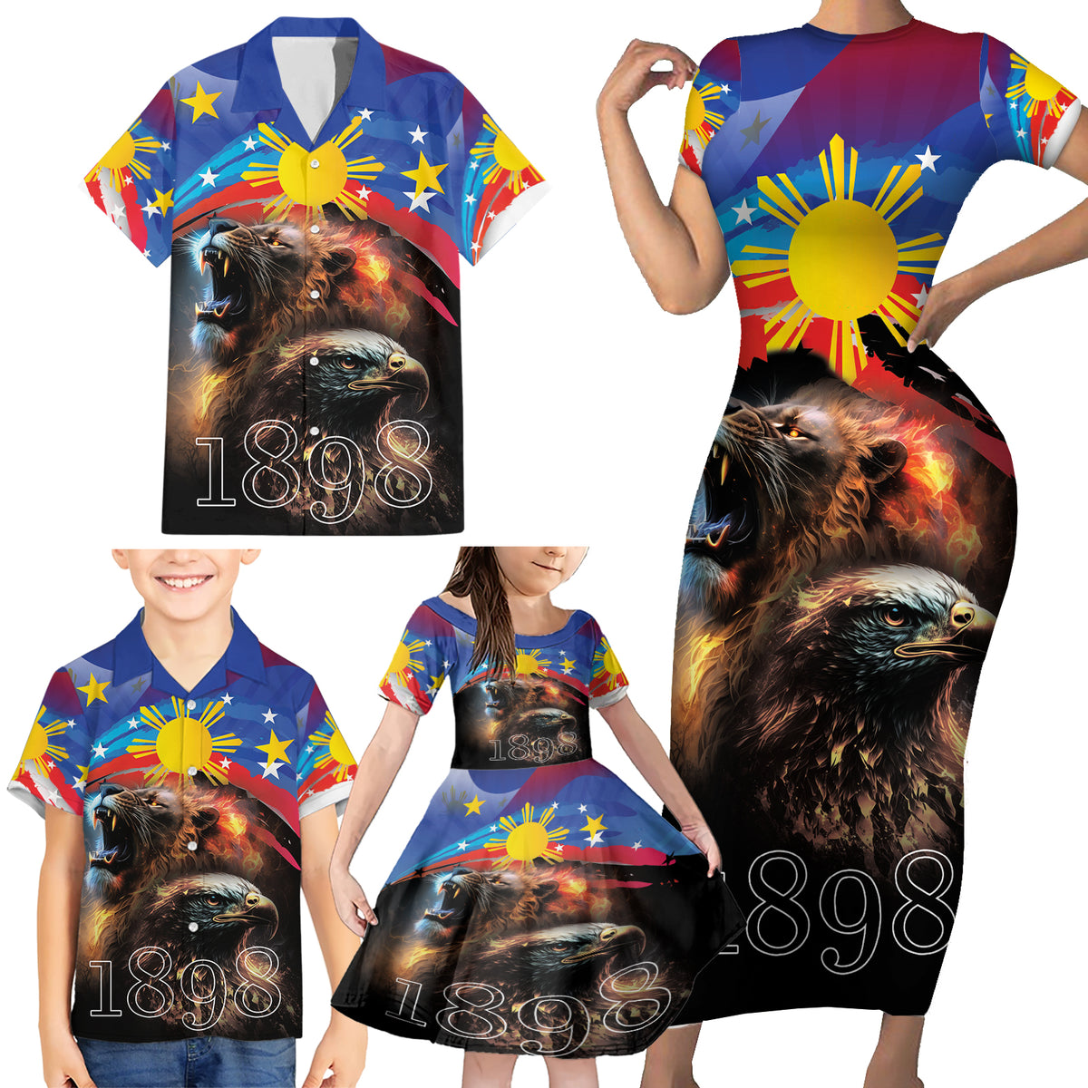 Philippines Lion and Eagle 1898 Family Matching Short Sleeve Bodycon Dress and Hawaiian Shirt Pilipinas Maligayang Araw ng Kalayaan LT9 - Polynesian Pride