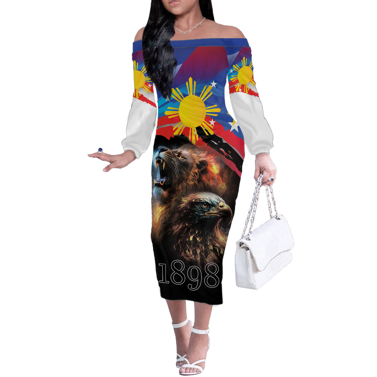 Philippines Lion and Eagle 1898 Off The Shoulder Long Sleeve Dress Pilipinas Maligayang Araw ng Kalayaan LT9 Women Black - Polynesian Pride