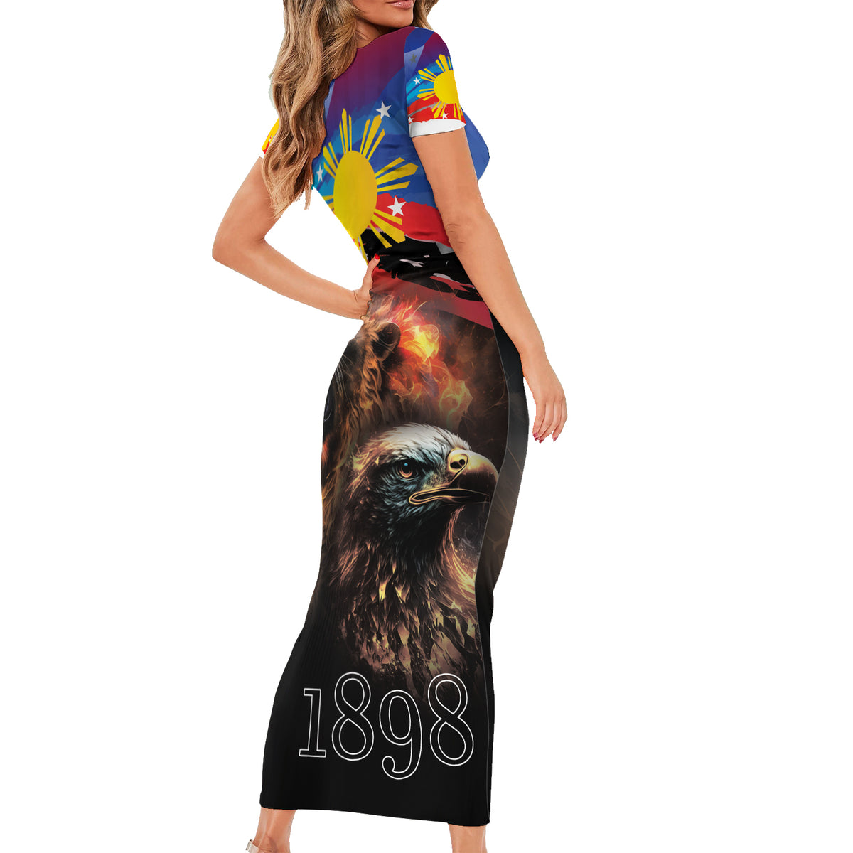 Philippines Lion and Eagle 1898 Short Sleeve Bodycon Dress Pilipinas Maligayang Araw ng Kalayaan LT9 - Polynesian Pride