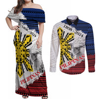 Philippines 126th Independence Day Couples Matching Off Shoulder Maxi Dress and Long Sleeve Button Shirt Pilipinas Hunyo 12 Maligayang Araw ng Kalayaan LT9 White - Polynesian Pride