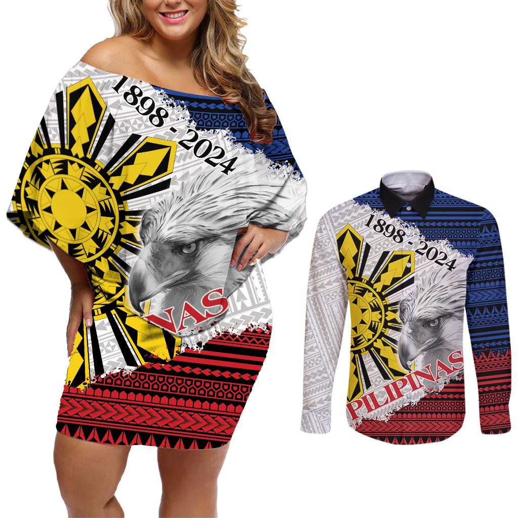 Philippines 126th Independence Day Couples Matching Off Shoulder Short Dress and Long Sleeve Button Shirt Pilipinas Hunyo 12 Maligayang Araw ng Kalayaan LT9 White - Polynesian Pride