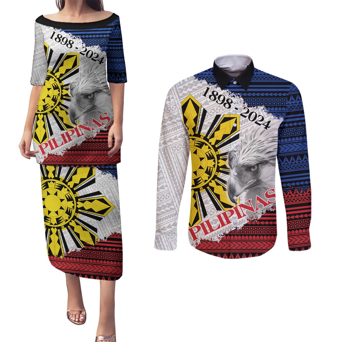 Philippines 126th Independence Day Couples Matching Puletasi and Long Sleeve Button Shirt Pilipinas Hunyo 12 Maligayang Araw ng Kalayaan LT9 White - Polynesian Pride