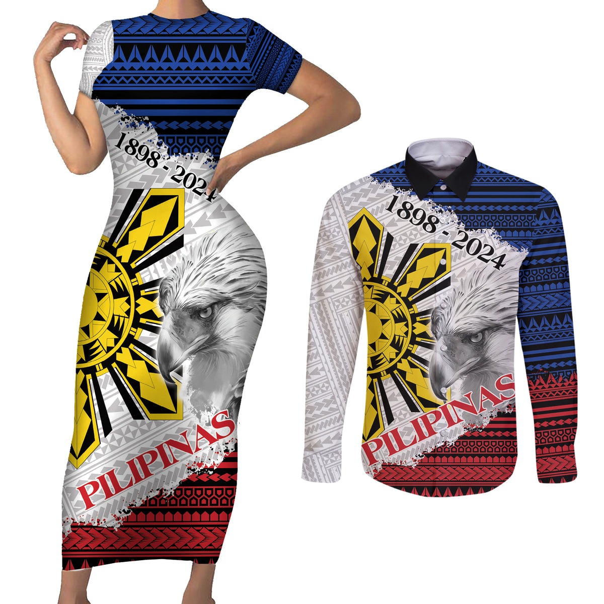 Philippines 126th Independence Day Couples Matching Short Sleeve Bodycon Dress and Long Sleeve Button Shirt Pilipinas Hunyo 12 Maligayang Araw ng Kalayaan LT9 White - Polynesian Pride