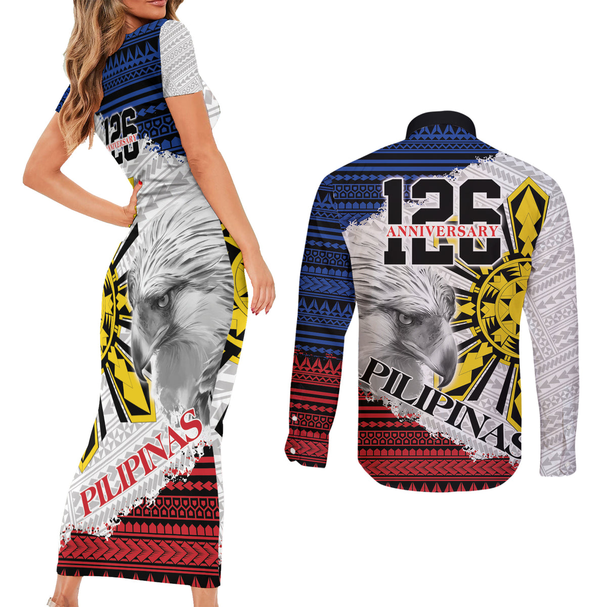Philippines 126th Independence Day Couples Matching Short Sleeve Bodycon Dress and Long Sleeve Button Shirt Pilipinas Hunyo 12 Maligayang Araw ng Kalayaan LT9 - Polynesian Pride