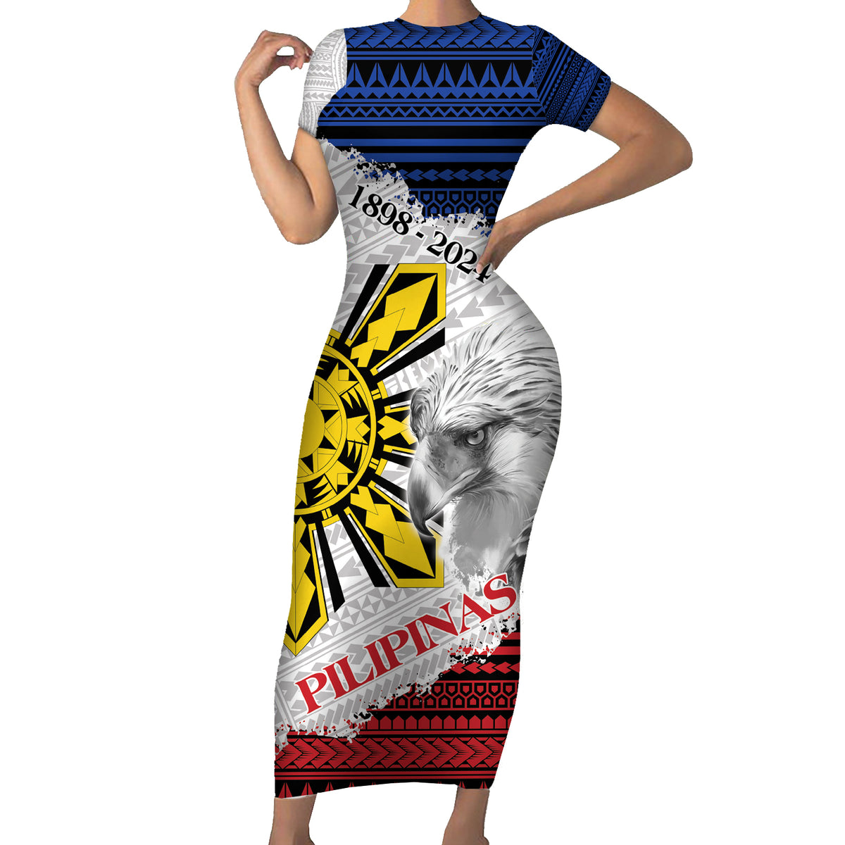 Philippines 126th Independence Day Short Sleeve Bodycon Dress Pilipinas Hunyo 12 Maligayang Araw ng Kalayaan LT9 Long Dress White - Polynesian Pride