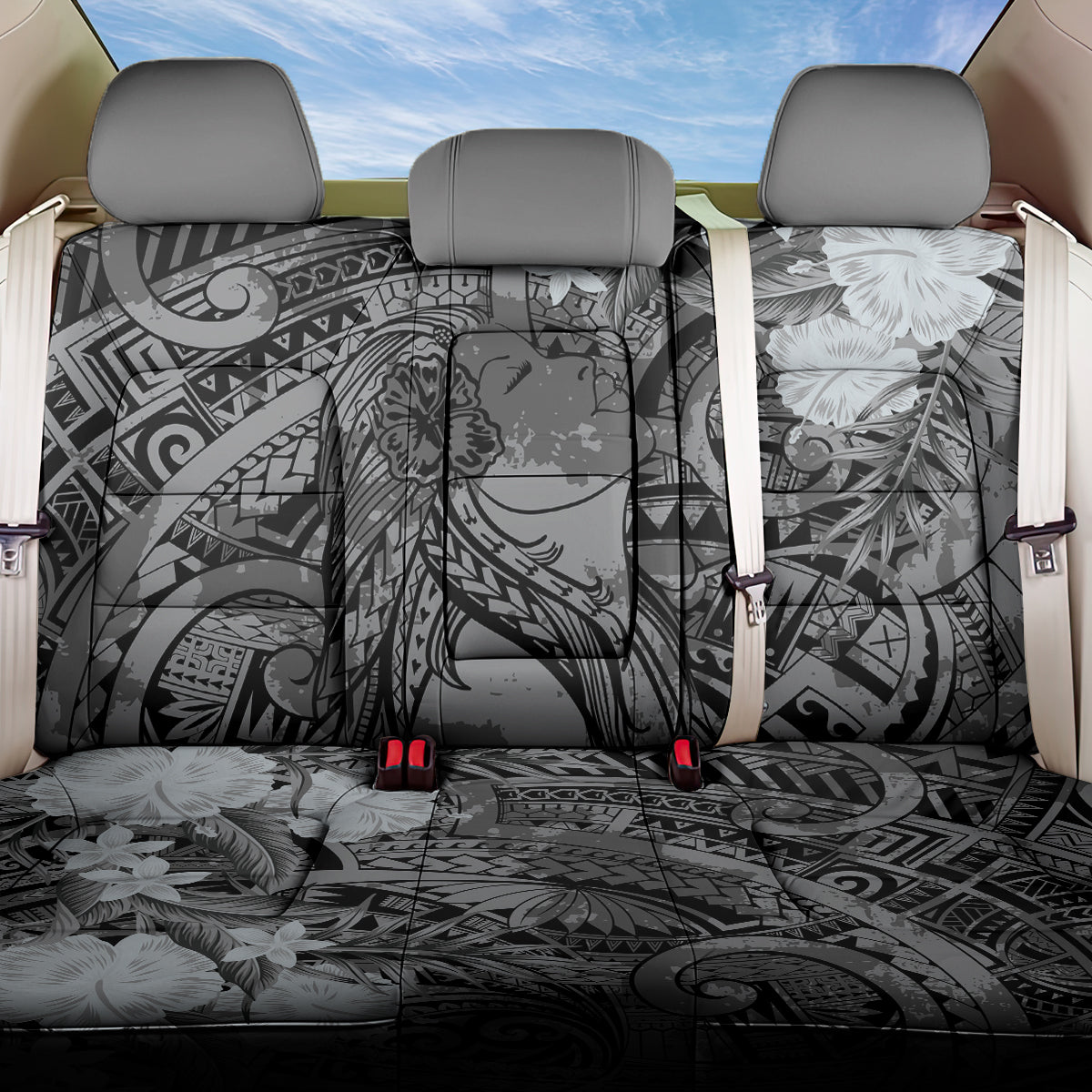 Pacific Beauty Girl Back Car Seat Cover Black Polyneisan Tribal Vintage Motif LT9 One Size Black - Polynesian Pride