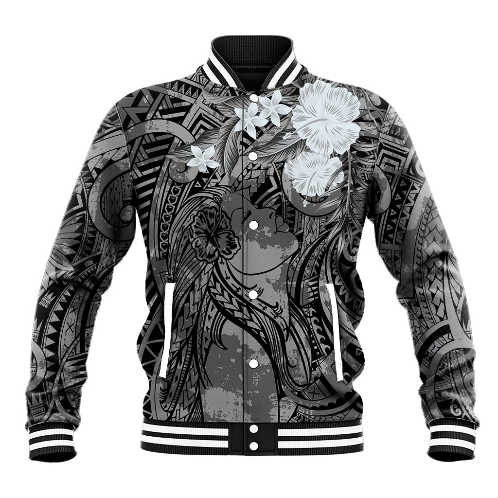 Pacific Beauty Girl Baseball Jacket Black Polyneisan Tribal Vintage Motif