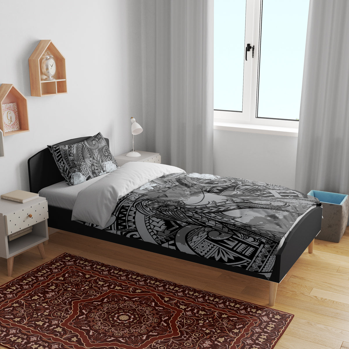Pacific Beauty Girl Bedding Set Black Polyneisan Tribal Vintage Motif