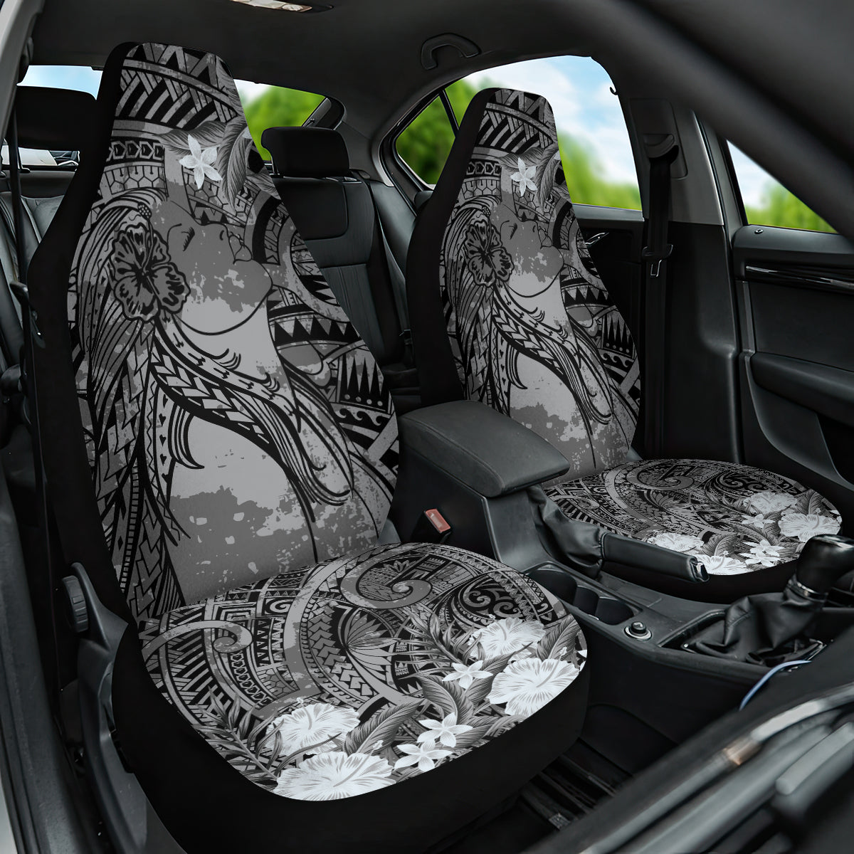 Pacific Beauty Girl Car Seat Cover Black Polyneisan Tribal Vintage Motif LT9 One Size Black - Polynesian Pride