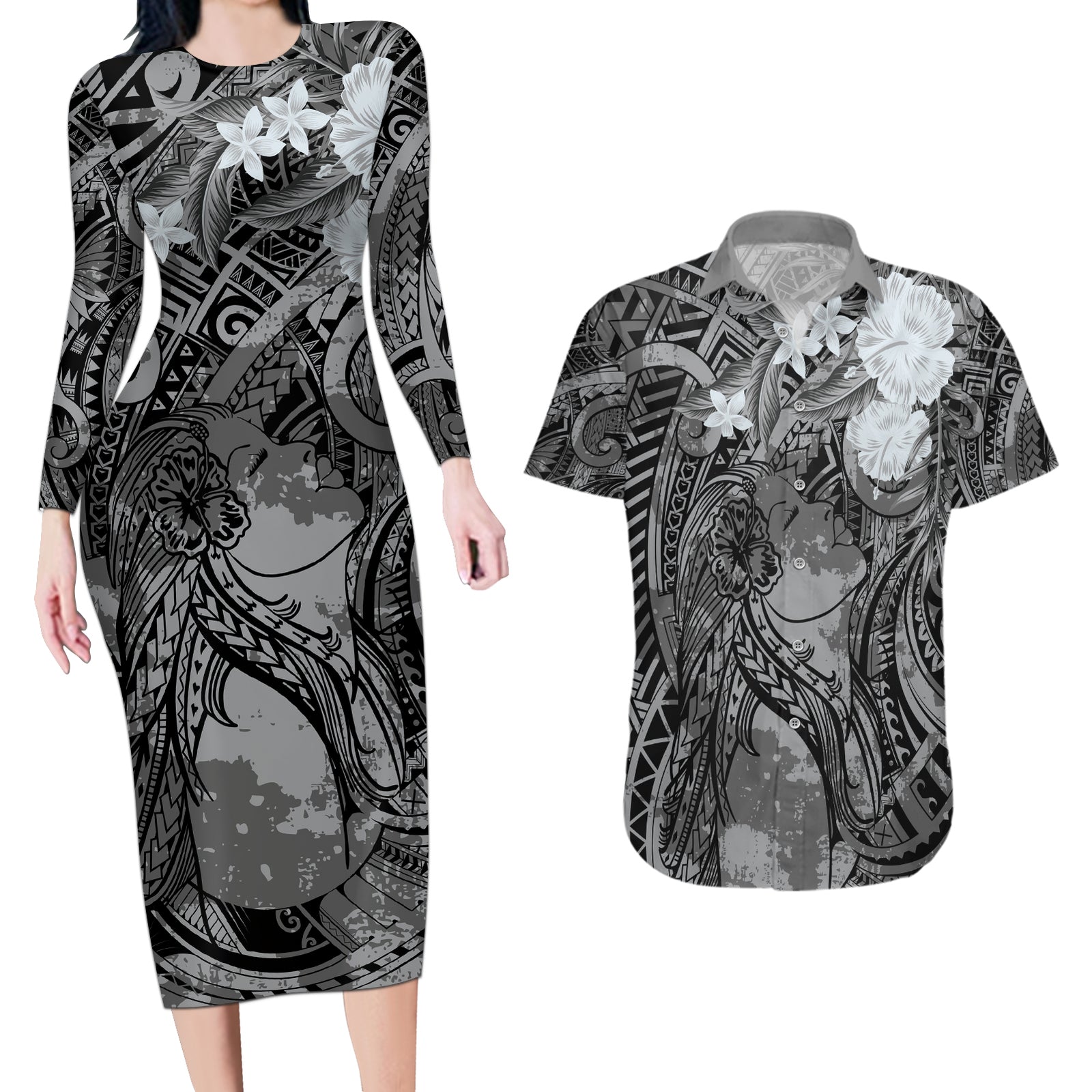 Pacific Beauty Girl Couples Matching Long Sleeve Bodycon Dress and Hawaiian Shirt Black Polyneisan Tribal Vintage Motif LT9 Black - Polynesian Pride