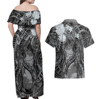 Pacific Beauty Girl Couples Matching Off Shoulder Maxi Dress and Hawaiian Shirt Black Polyneisan Tribal Vintage Motif LT9 - Polynesian Pride