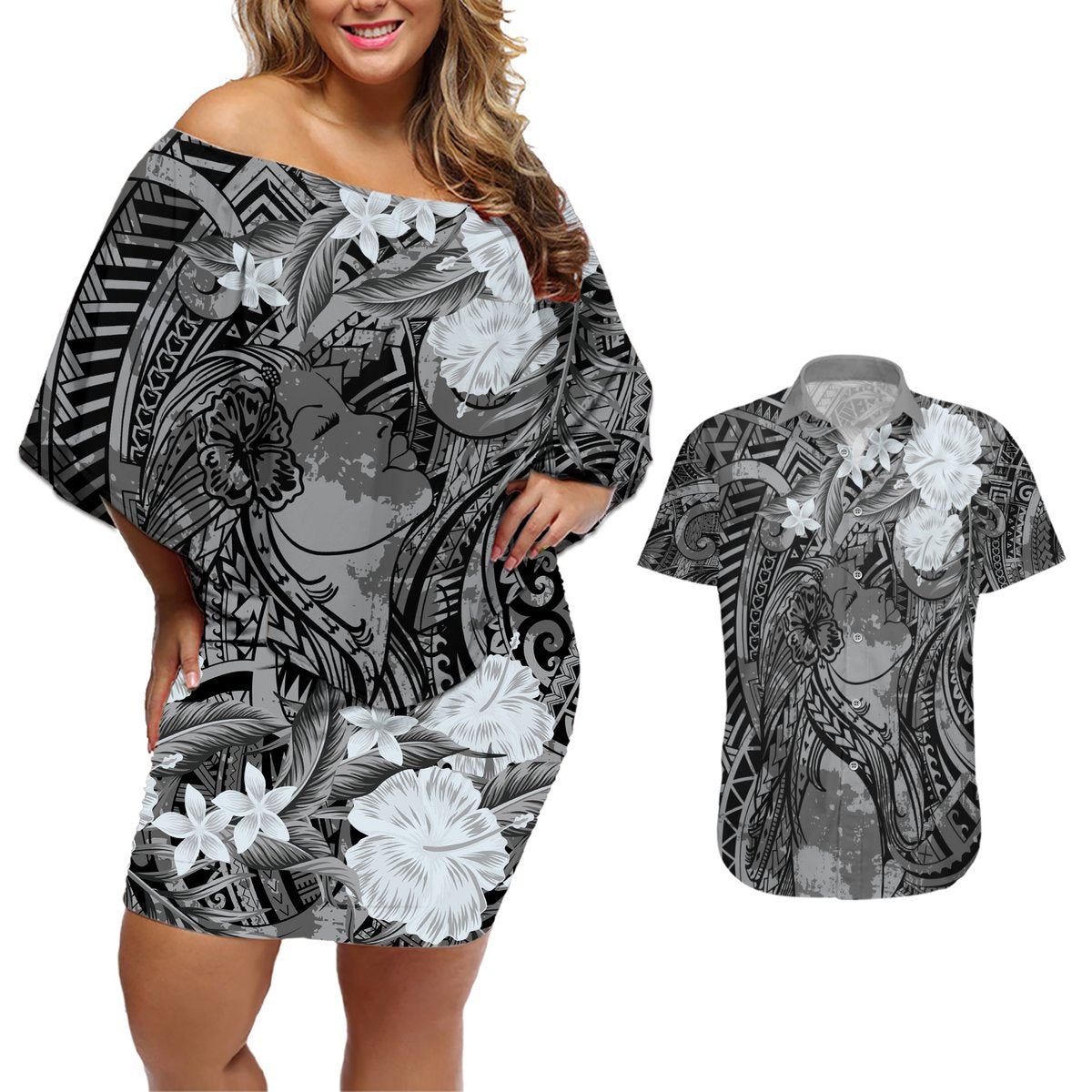 Pacific Beauty Girl Couples Matching Off Shoulder Short Dress and Hawaiian Shirt Black Polyneisan Tribal Vintage Motif LT9 Black - Polynesian Pride