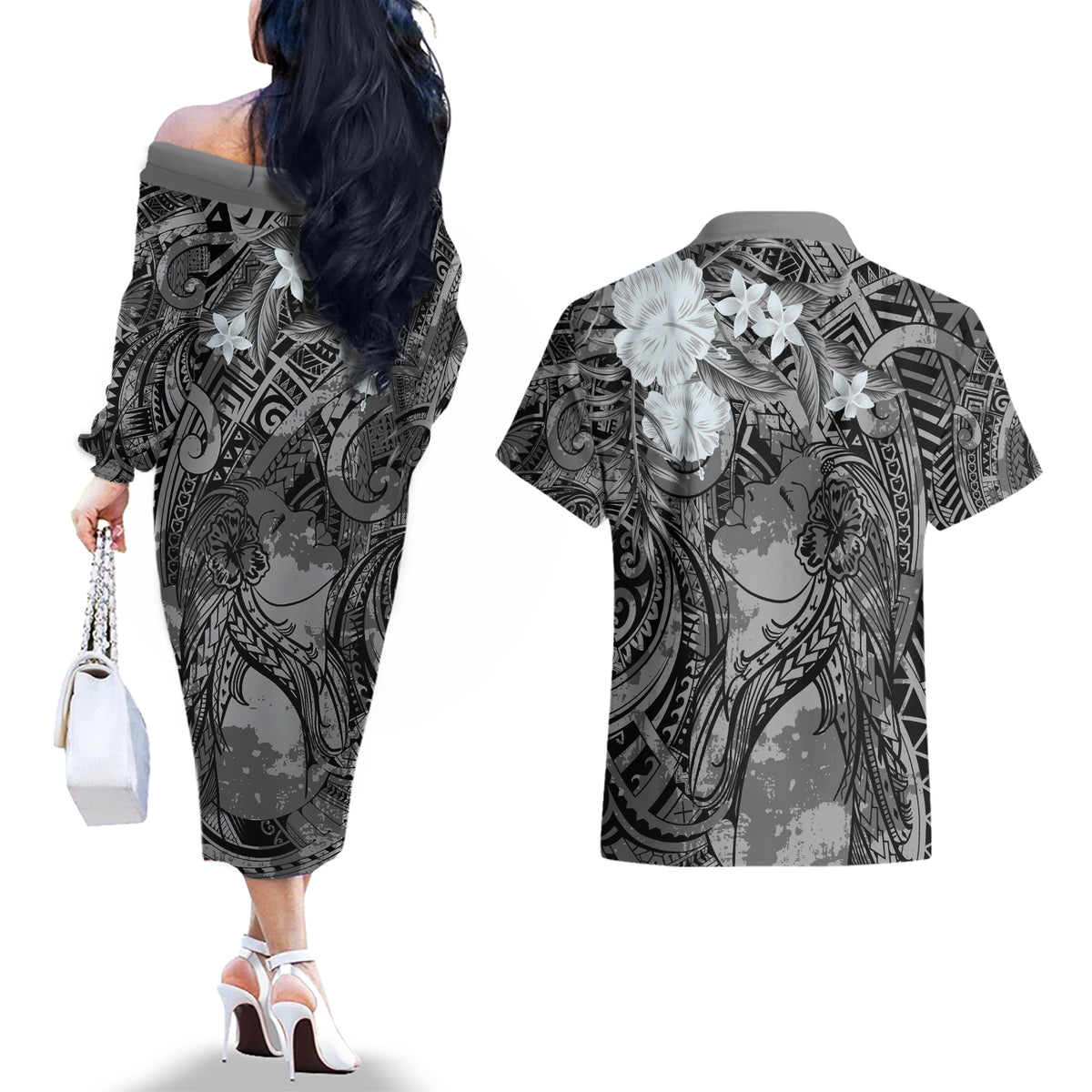 Pacific Beauty Girl Couples Matching Off The Shoulder Long Sleeve Dress and Hawaiian Shirt Black Polyneisan Tribal Vintage Motif LT9 - Polynesian Pride