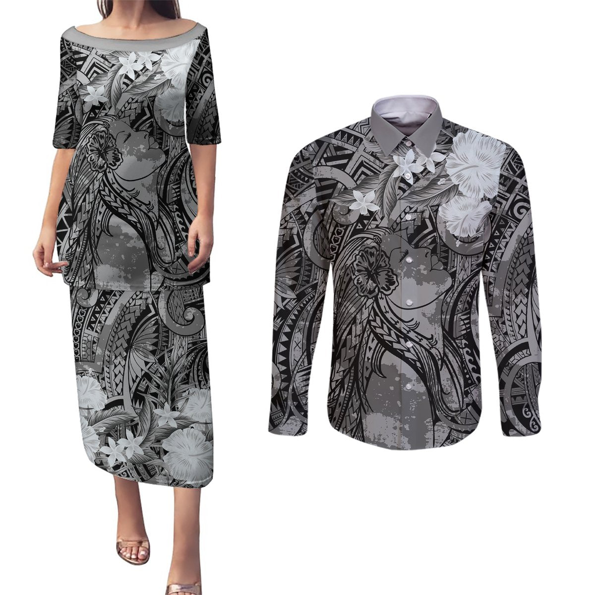 Pacific Beauty Girl Couples Matching Puletasi and Long Sleeve Button Shirt Black Polyneisan Tribal Vintage Motif LT9 Black - Polynesian Pride