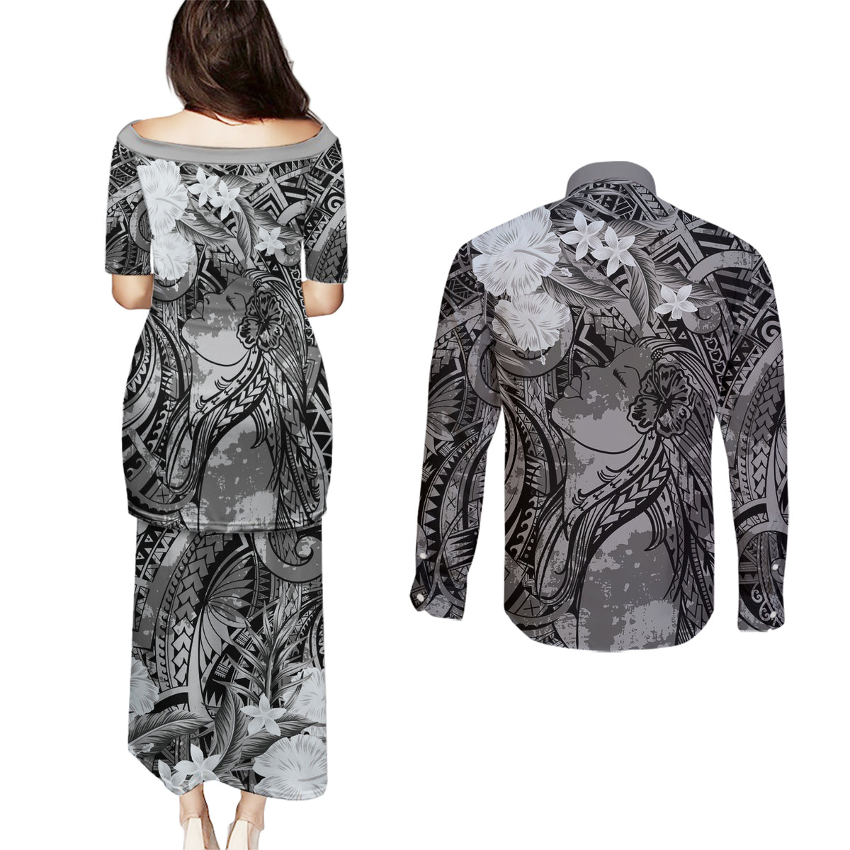 Pacific Beauty Girl Couples Matching Puletasi and Long Sleeve Button Shirt Black Polyneisan Tribal Vintage Motif LT9 - Polynesian Pride