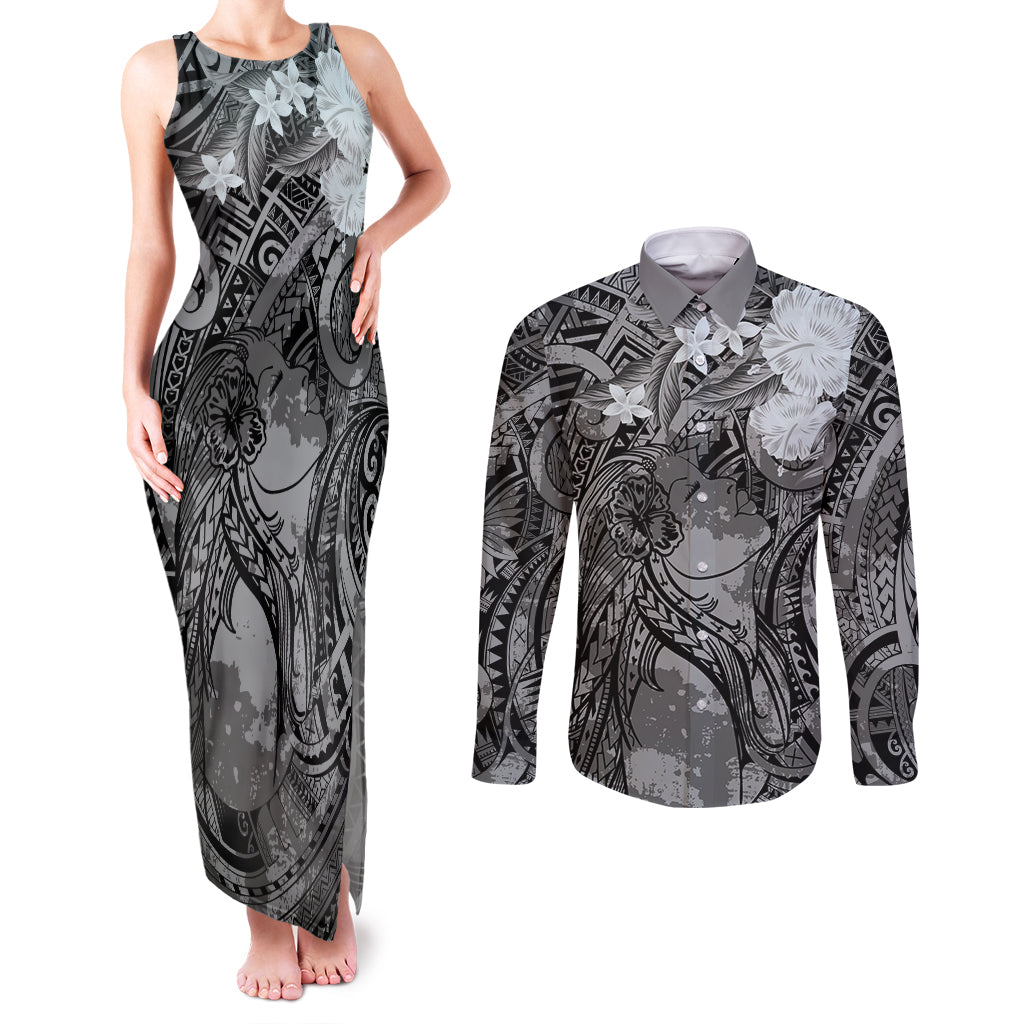 Pacific Beauty Girl Couples Matching Tank Maxi Dress and Long Sleeve Button Shirt Black Polyneisan Tribal Vintage Motif LT9 Black - Polynesian Pride