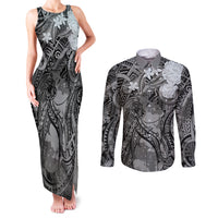 Pacific Beauty Girl Couples Matching Tank Maxi Dress and Long Sleeve Button Shirt Black Polyneisan Tribal Vintage Motif LT9 Black - Polynesian Pride