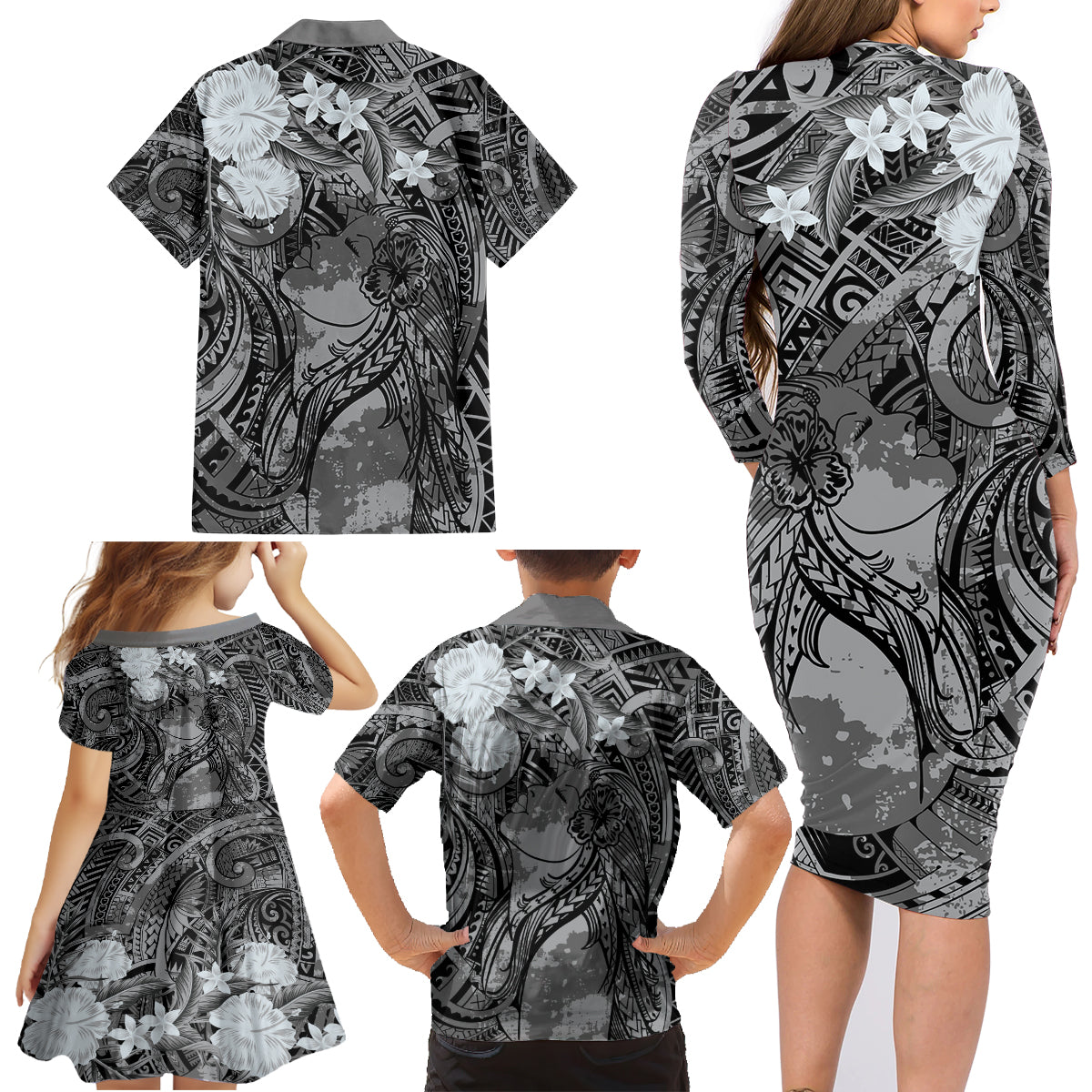 Pacific Beauty Girl Family Matching Long Sleeve Bodycon Dress and Hawaiian Shirt Black Polyneisan Tribal Vintage Motif LT9 - Polynesian Pride