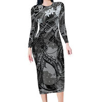 Pacific Beauty Girl Family Matching Long Sleeve Bodycon Dress and Hawaiian Shirt Black Polyneisan Tribal Vintage Motif LT9 Mom's Dress Black - Polynesian Pride