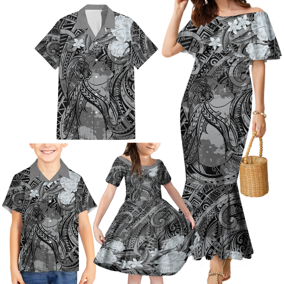 Pacific Beauty Girl Family Matching Mermaid Dress and Hawaiian Shirt Black Polyneisan Tribal Vintage Motif LT9 - Polynesian Pride