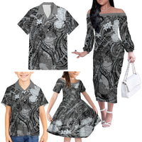 Pacific Beauty Girl Family Matching Off The Shoulder Long Sleeve Dress and Hawaiian Shirt Black Polyneisan Tribal Vintage Motif LT9 - Polynesian Pride