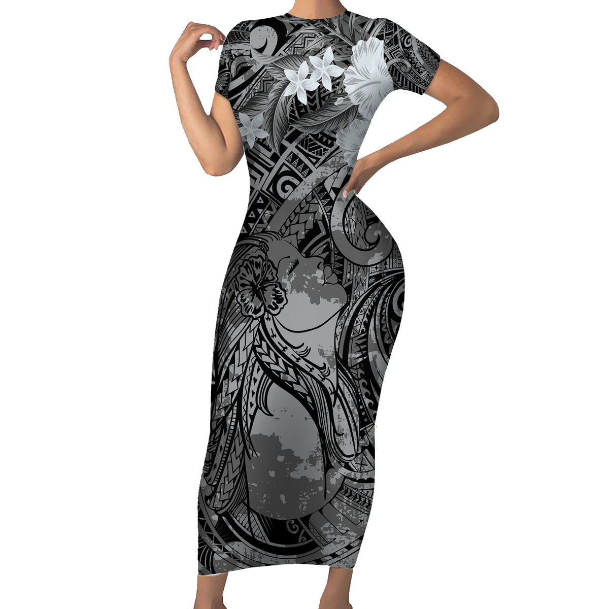Pacific Beauty Girl Family Matching Short Sleeve Bodycon Dress and Hawaiian Shirt Black Polyneisan Tribal Vintage Motif LT9 Mom's Dress Black - Polynesian Pride