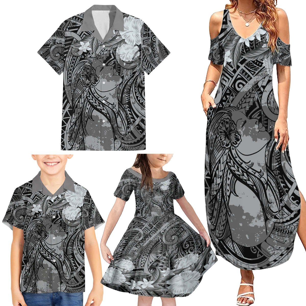 Pacific Beauty Girl Family Matching Summer Maxi Dress and Hawaiian Shirt Black Polyneisan Tribal Vintage Motif LT9 - Polynesian Pride