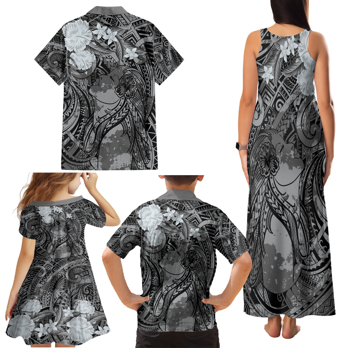 Pacific Beauty Girl Family Matching Tank Maxi Dress and Hawaiian Shirt Black Polyneisan Tribal Vintage Motif LT9 - Polynesian Pride
