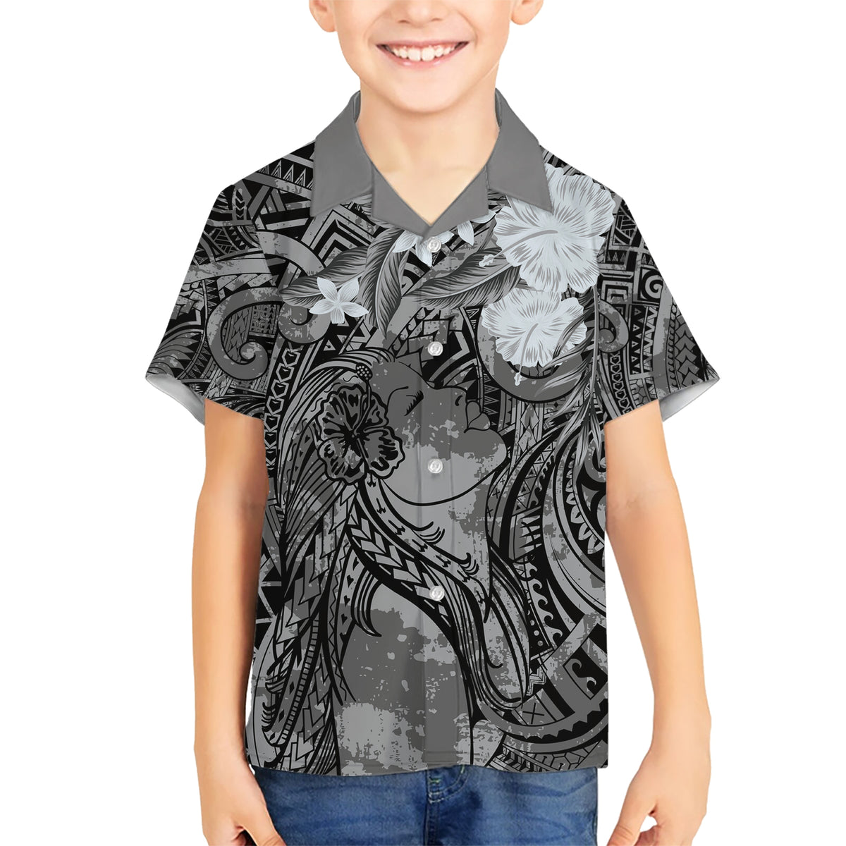 Pacific Beauty Girl Kid Hawaiian Shirt Black Polyneisan Tribal Vintage Motif LT9 Kid Black - Polynesian Pride