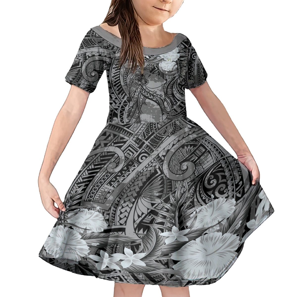 Pacific Beauty Girl Kid Short Sleeve Dress Black Polyneisan Tribal Vintage Motif LT9 KID Black - Polynesian Pride