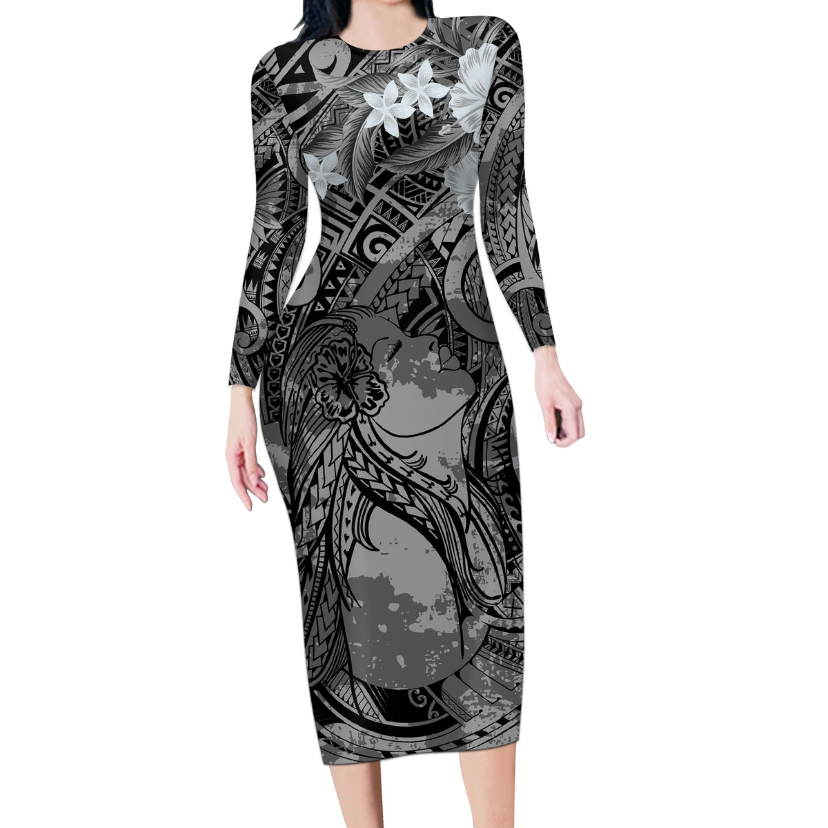 Pacific Beauty Girl Long Sleeve Bodycon Dress Black Polyneisan Tribal Vintage Motif LT9 Long Dress Black - Polynesian Pride