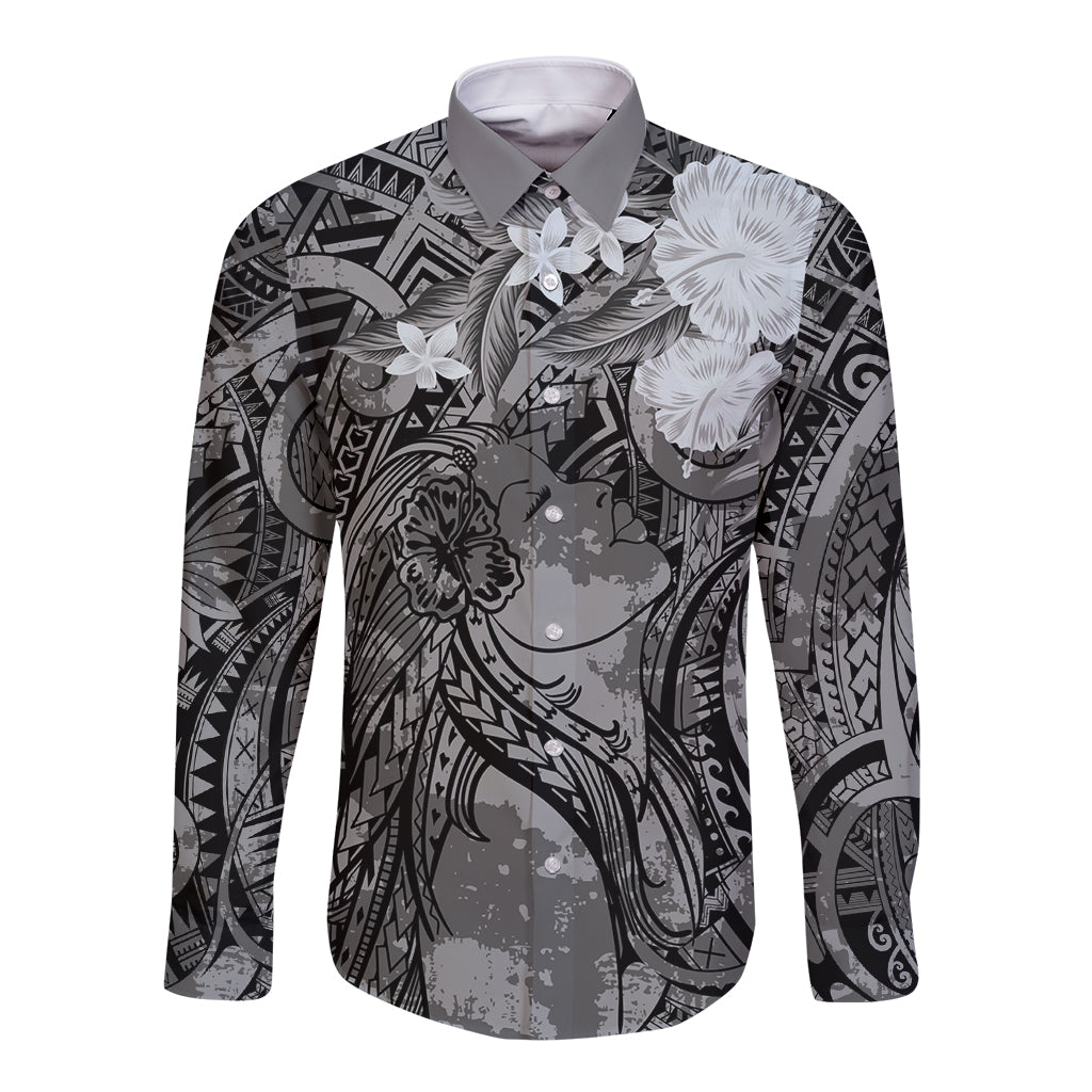 Pacific Beauty Girl Long Sleeve Button Shirt Black Polyneisan Tribal Vintage Motif