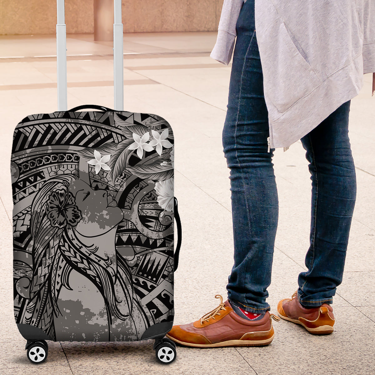 Pacific Beauty Girl Luggage Cover Black Polyneisan Tribal Vintage Motif LT9 Black - Polynesian Pride