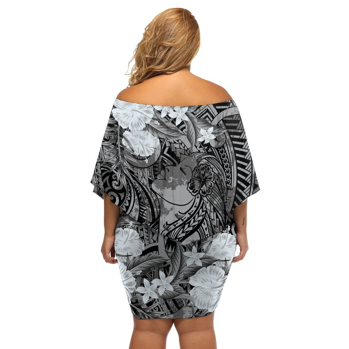 Pacific Beauty Girl Off Shoulder Short Dress Black Polyneisan Tribal Vintage Motif LT9 - Polynesian Pride