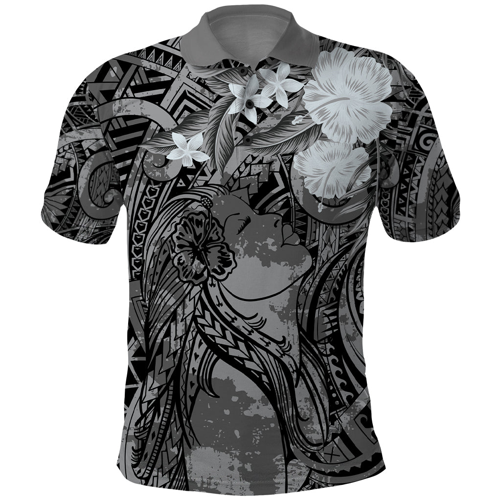 Pacific Beauty Girl Polo Shirt Black Polyneisan Tribal Vintage Motif LT9 Black - Polynesian Pride