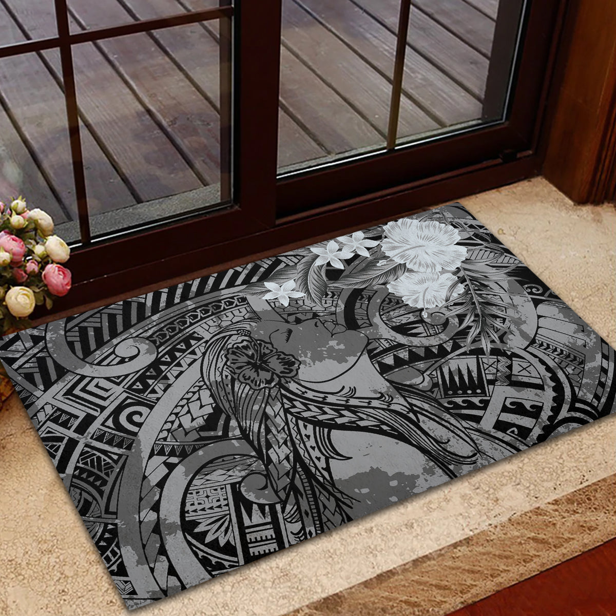 Pacific Beauty Girl Rubber Doormat Black Polyneisan Tribal Vintage Motif