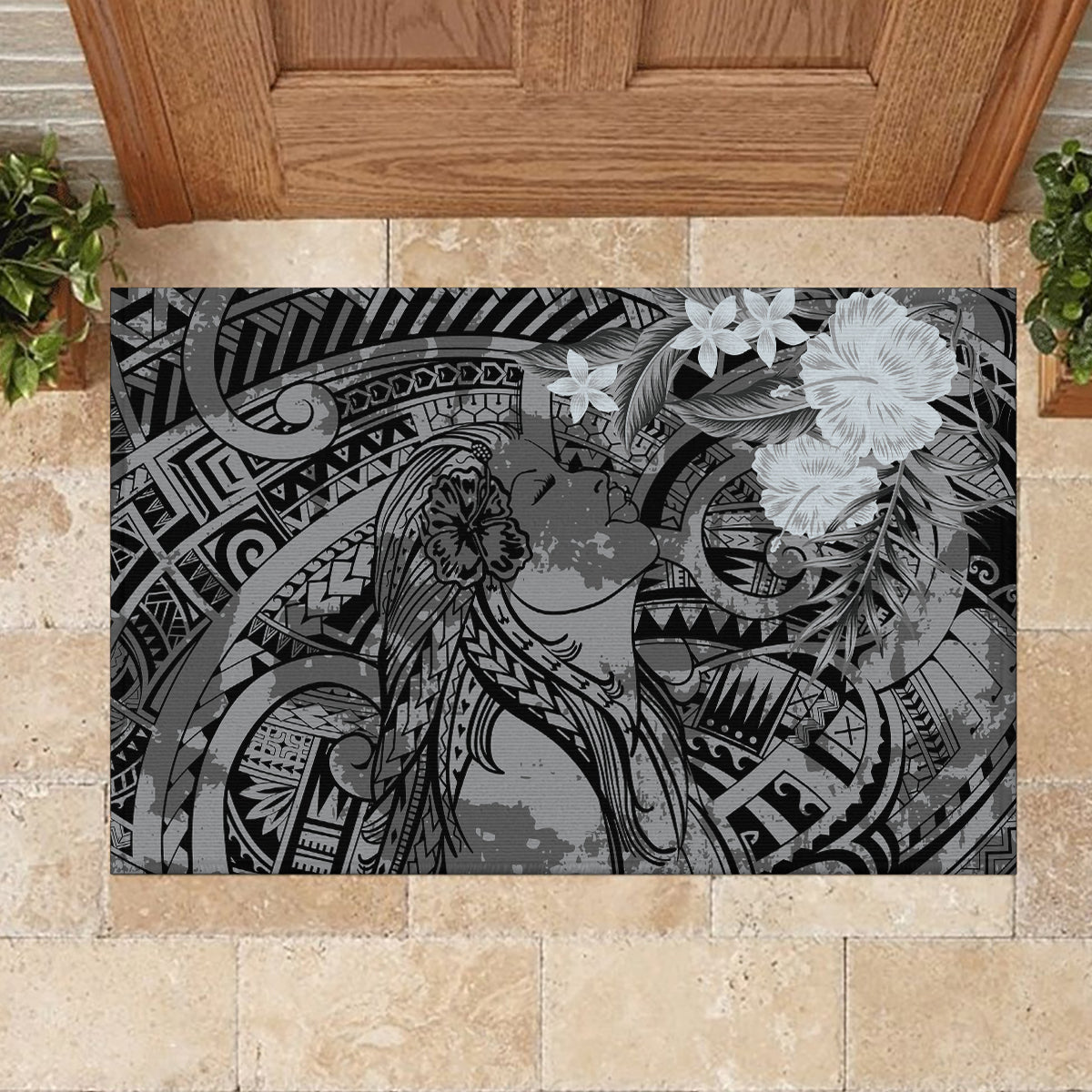 Pacific Beauty Girl Rubber Doormat Black Polyneisan Tribal Vintage Motif