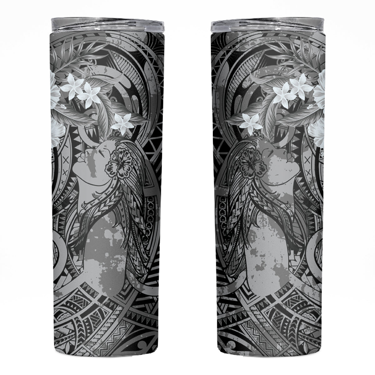 Pacific Beauty Girl Skinny Tumbler Black Polyneisan Tribal Vintage Motif LT9 Black - Polynesian Pride